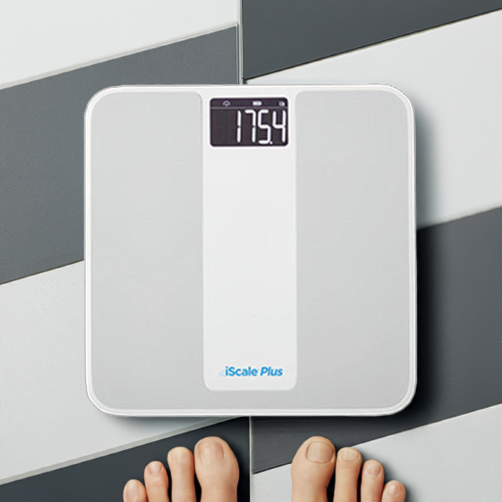 Bare feet stepping onto the Smart Meter iScale weight scale, providing real-time weight data with seamless LTE transmission.